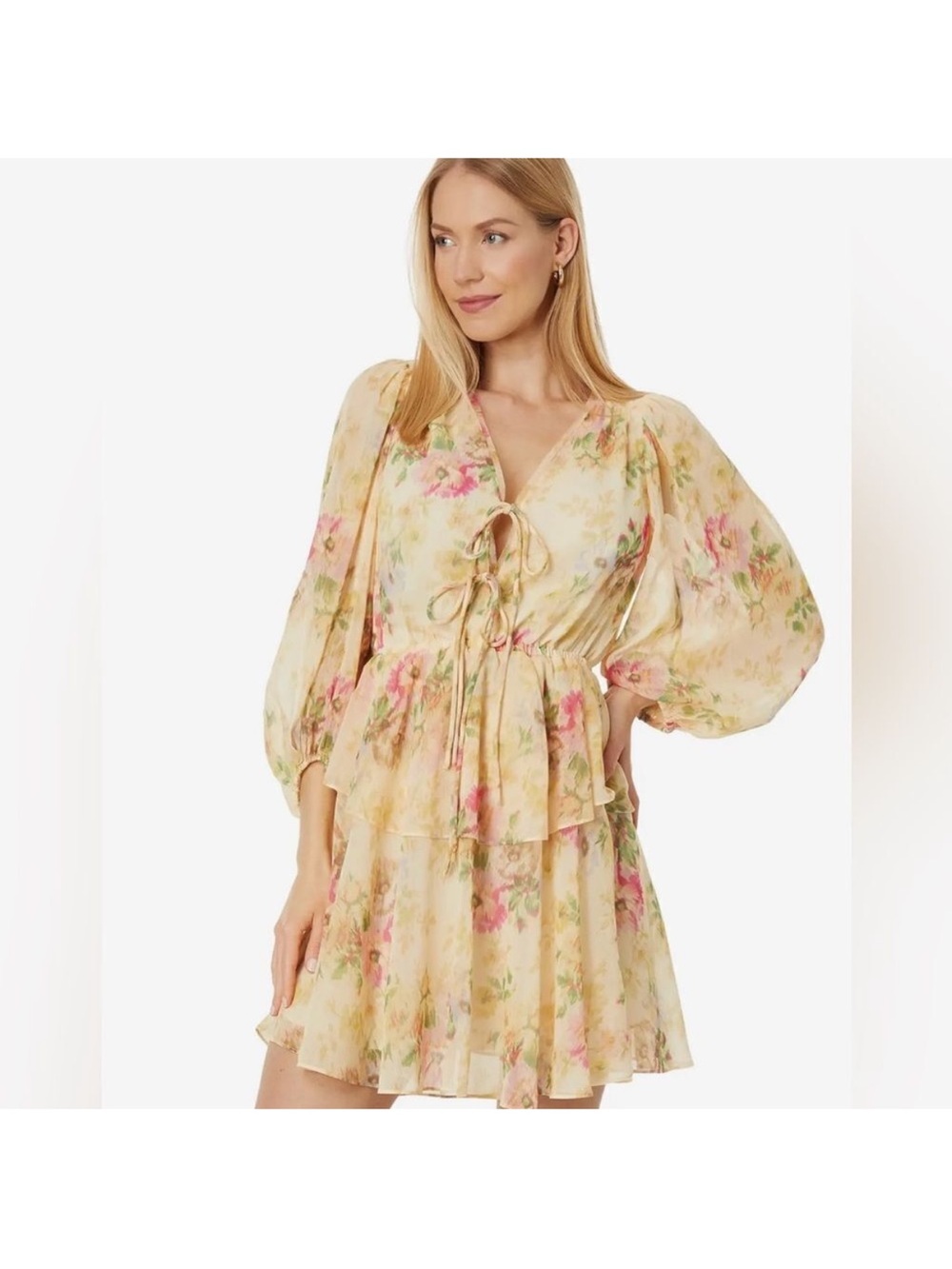 Ted Baker London Cream Floral Tie-Front Tiered Mini Dress